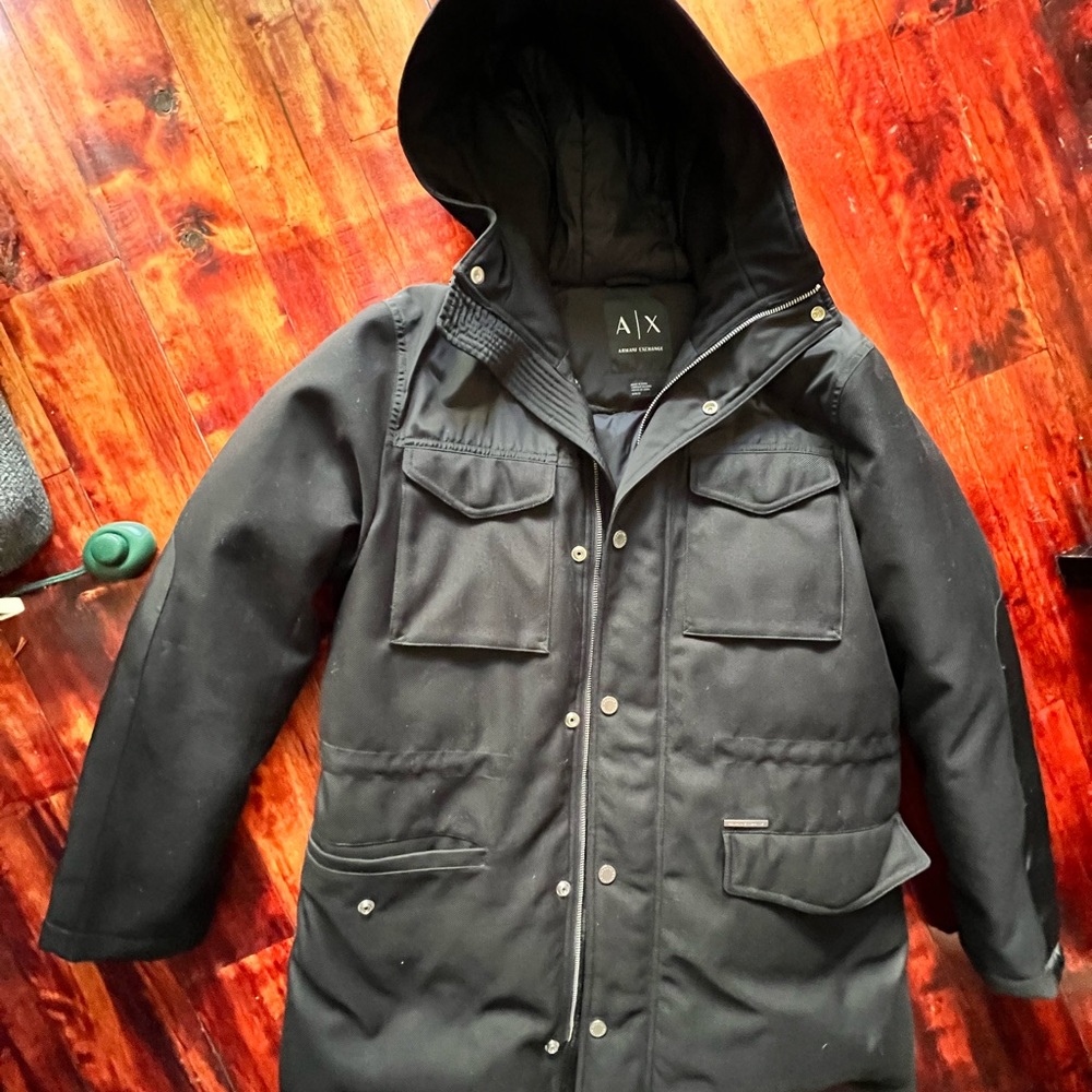 Armani Exchange black winter coat with hood.